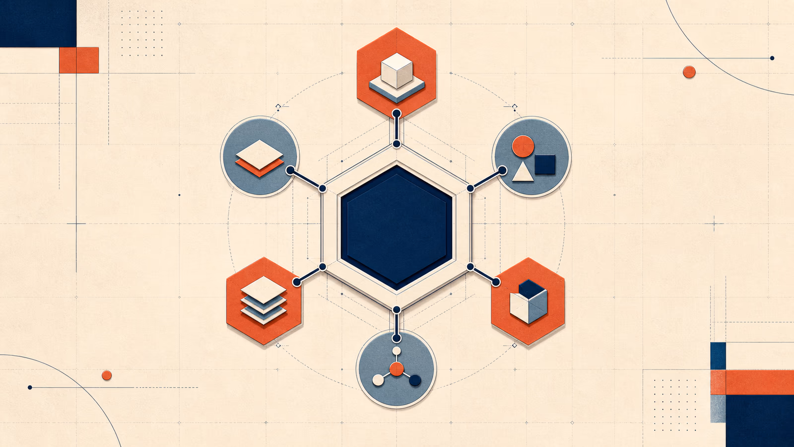 Ilustración editorial sobre Arquitectura Hexagonal: qué es y cómo aplicarla en proyectos backend