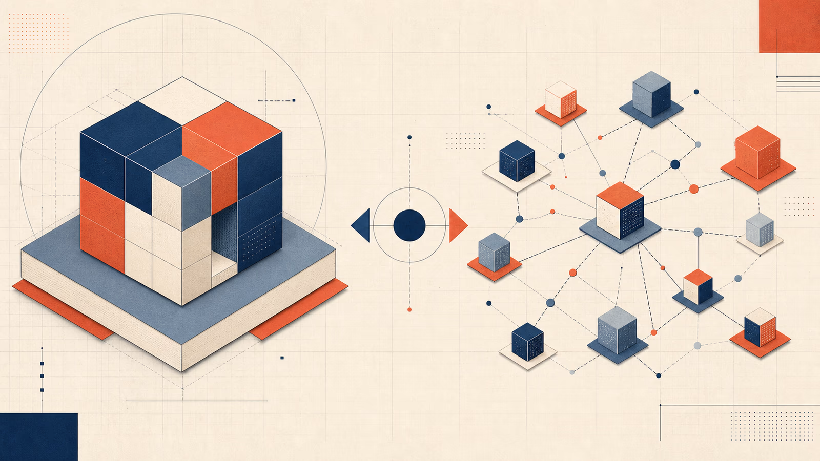 Ilustración editorial sobre Monolito modular vs microservicios: qué elegiría