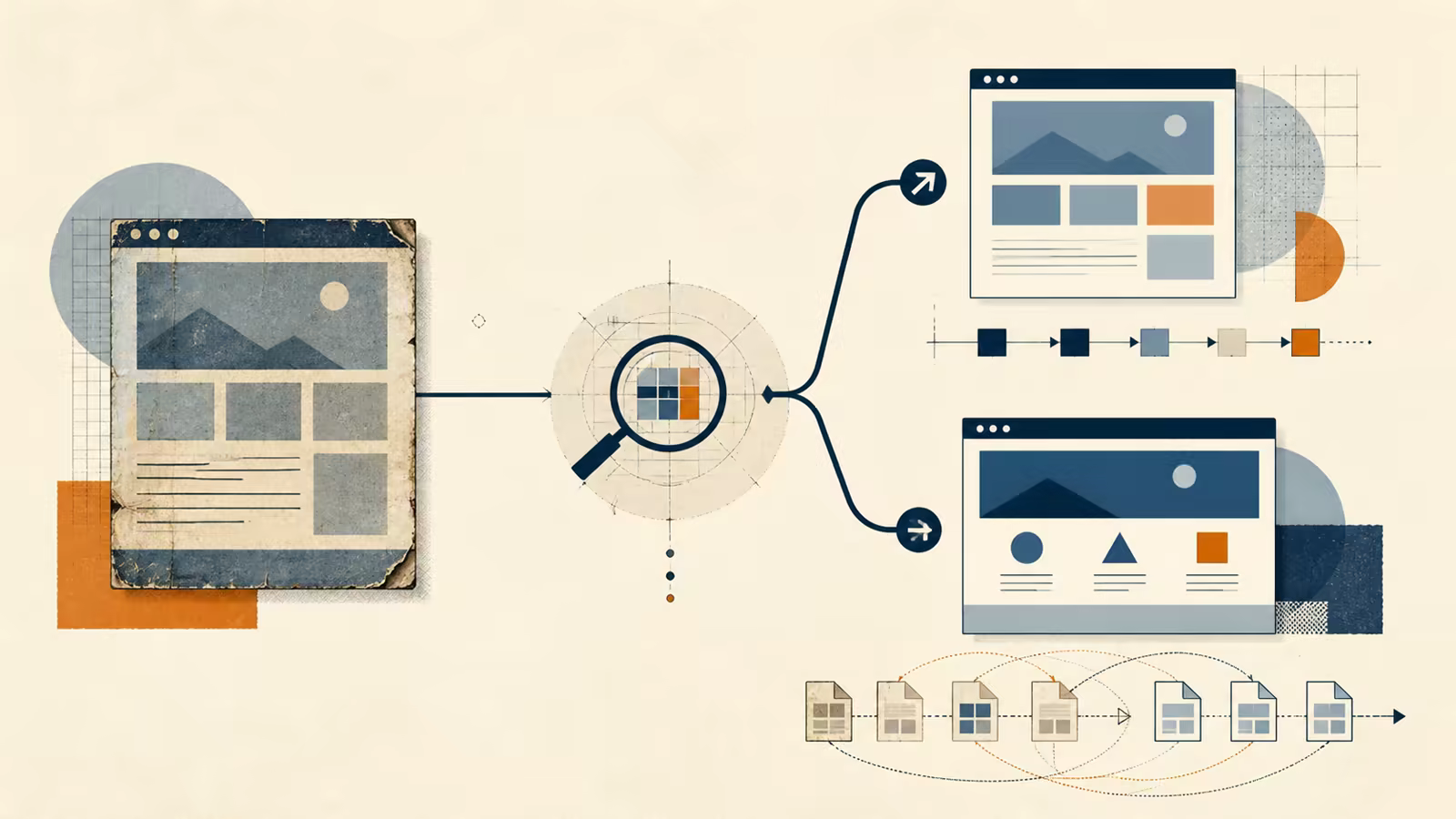 Ilustración de una web antigua que pasa por un diagnóstico antes de rediseñarse o reconstruirse