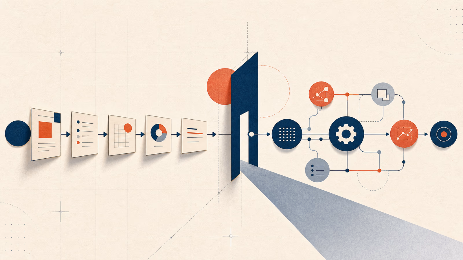 Ilustración editorial sobre Automatizar procesos de empresa: cuándo merece la pena y cómo empezar