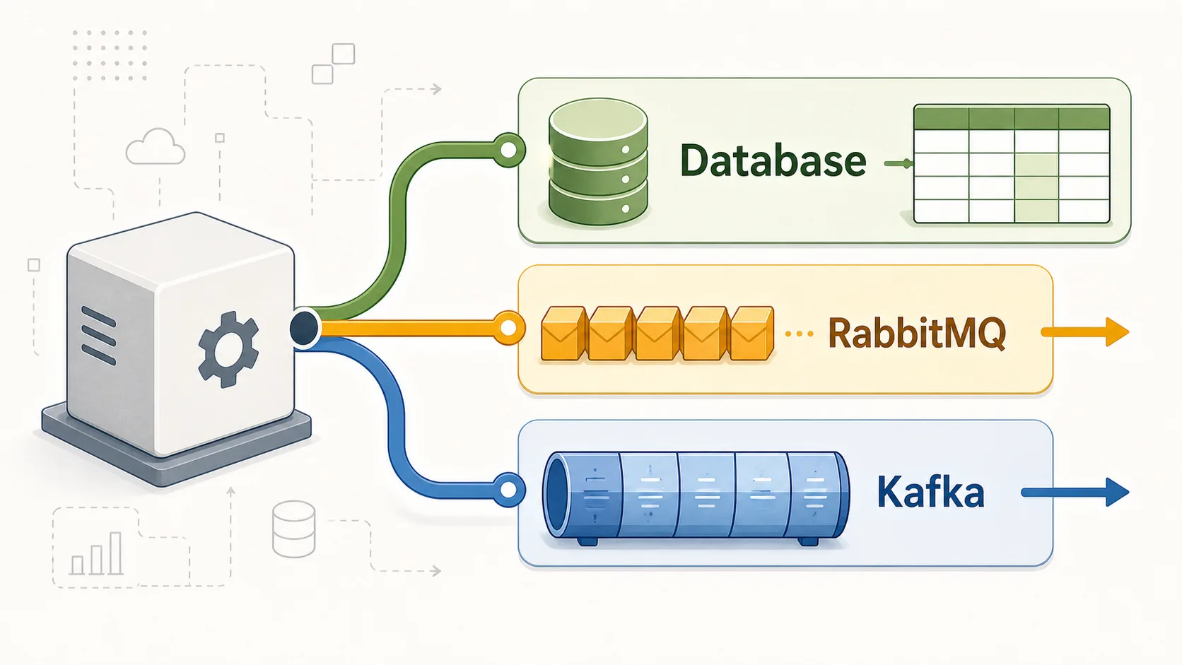 Rutas de decisión de arquitectura backend para base de datos, RabbitMQ y Kafka