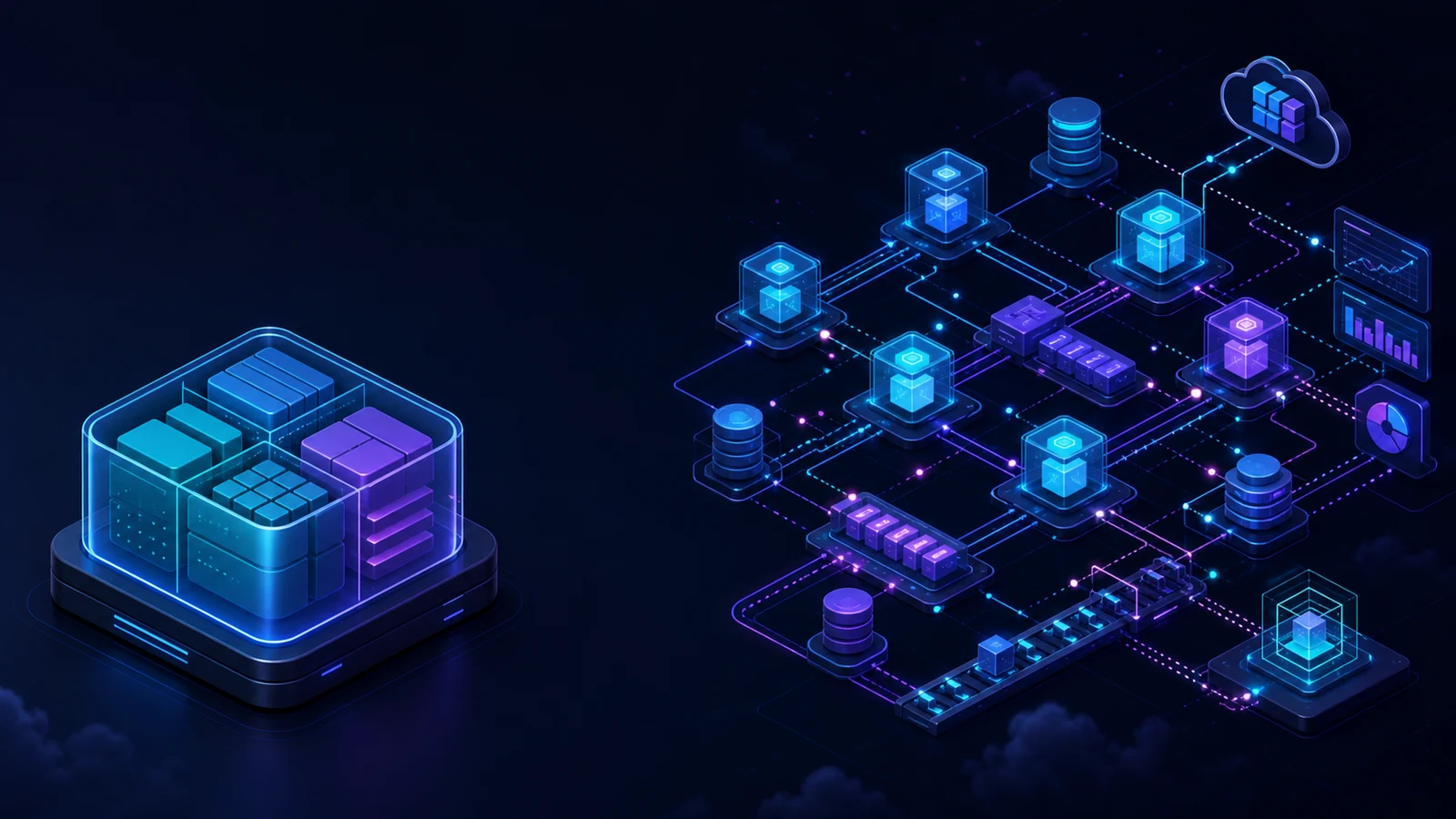 Hero de arquitectura semiabstracto con un monolito modular organizado junto a un sistema complejo de microservicios distribuidos